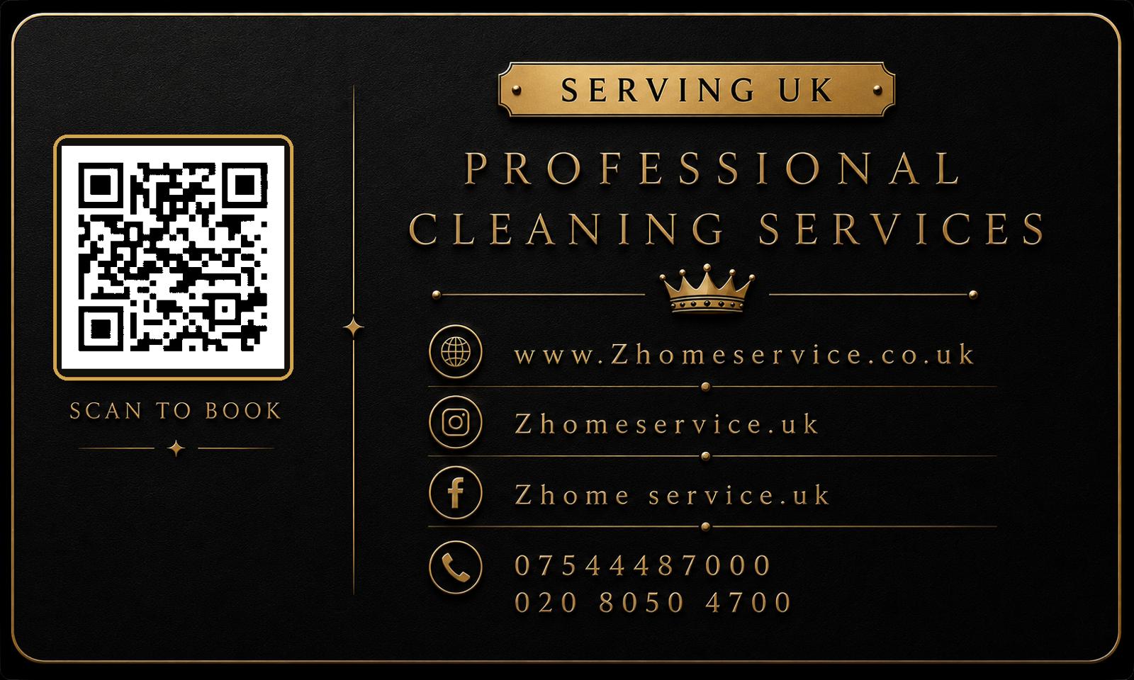 Z Home Service black and gold business card showing the booking QR code, website, Instagram, Facebook and phone numbers