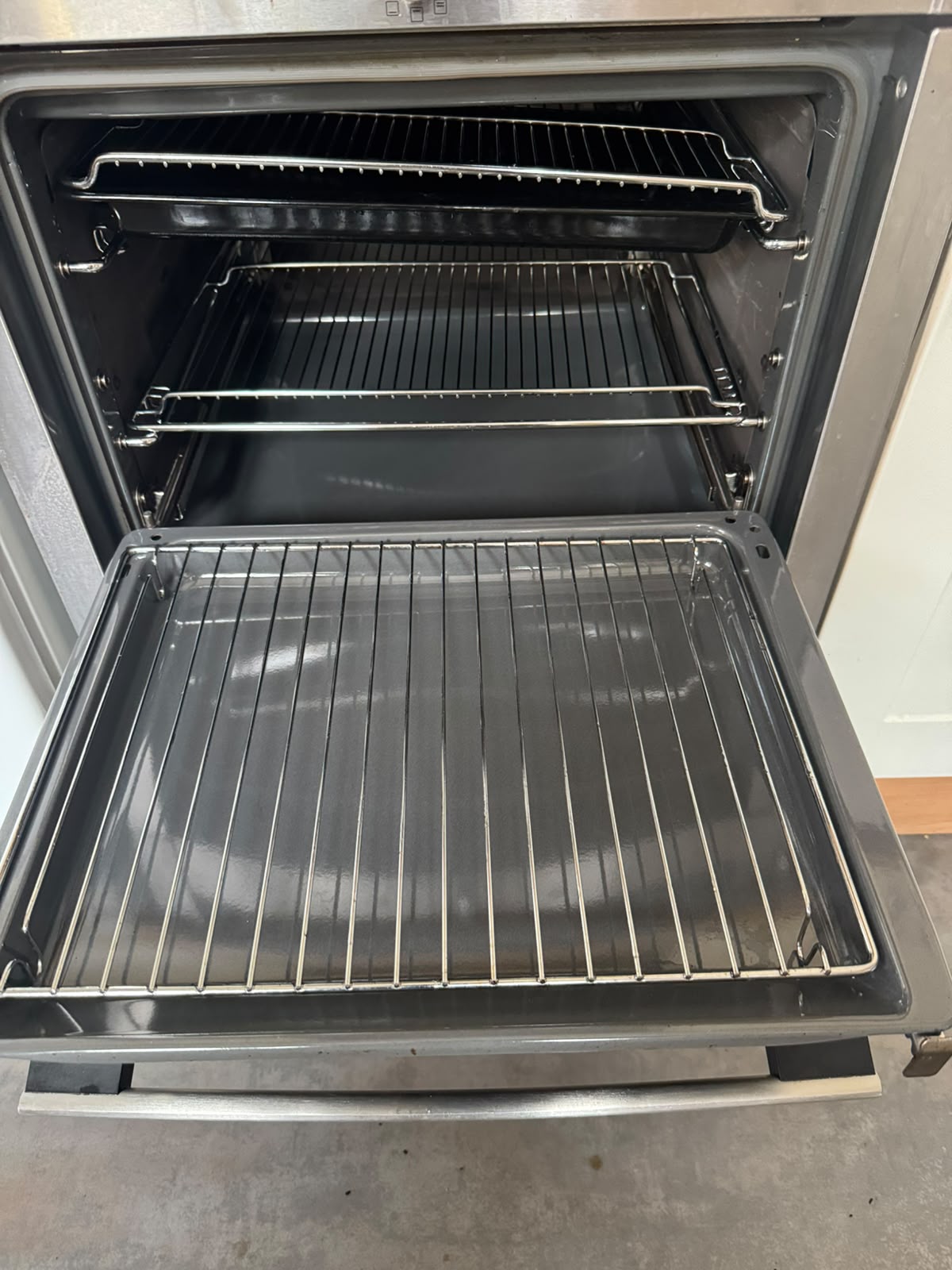 Oven interior degreased back to clean enamel